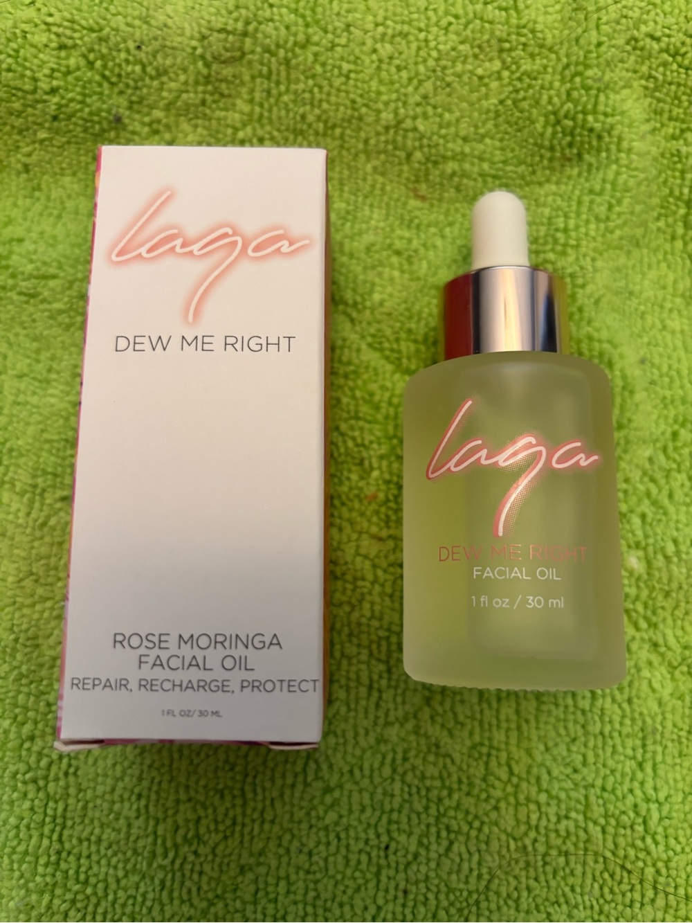 Laga Dew me Right, Rose Moringa facial oil. Repair recharge protect.